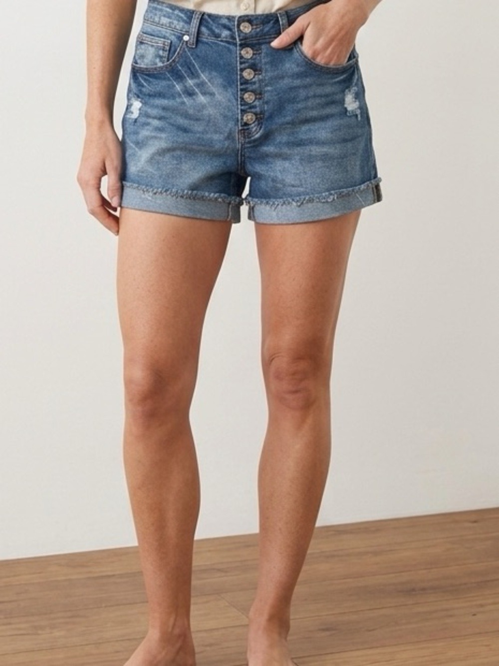Mid-Rise Button-Fly Denim Shorts in Blue Wash